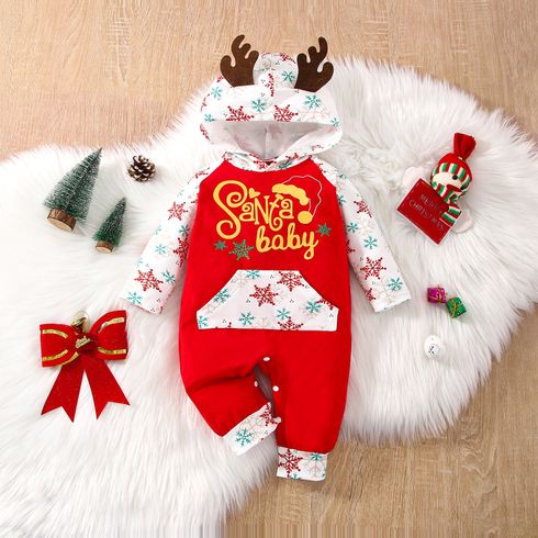 Christmas Baby Boy/Girl 95% Cotton Letter Graphic Spliced Snowflake Print Long-sleeve 3D Antler Hooded Jumpsuit
