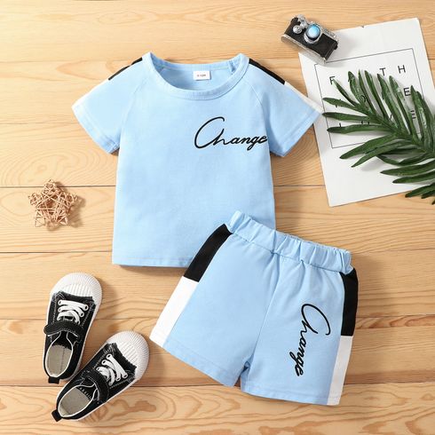 2pcs Baby Boy Letter Print Short-sleeve Top and Colorblock Shorts Set