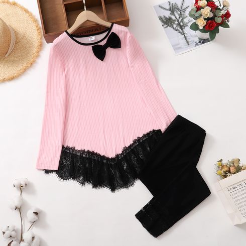 2-piece Kid Girl Bowknot Design Lace Hem Long-sleeve Top and Lace Cuff Black Leggings Set