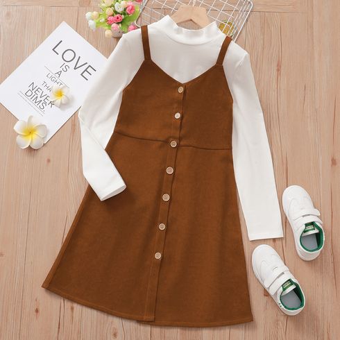 2-piece Kid Girl Mock Neck Long-sleeve White Top and Button Design Overall Dress