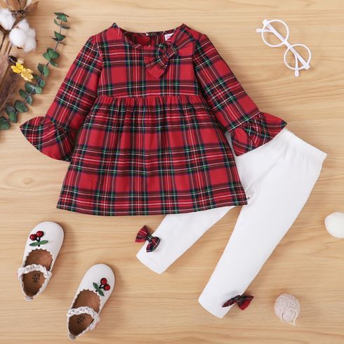 2pcs Baby Girl 100% Cotton Red Plaid Long-sleeve Top and Bowknot Trousers Set