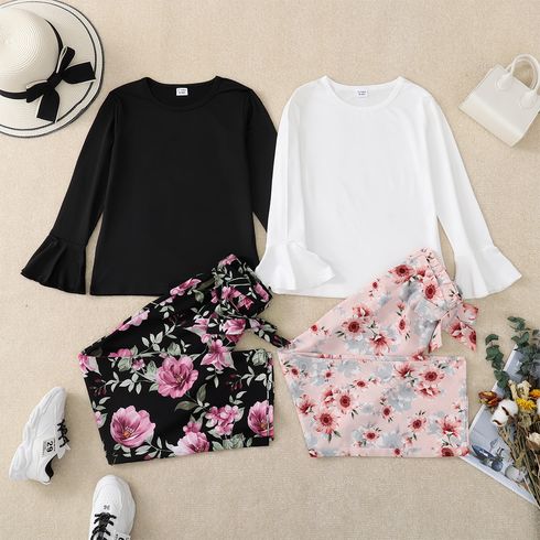 2-piece Kid Girl Solid Color Long Bell sleeves Tee and Floral Print Belted Straight Pants Set