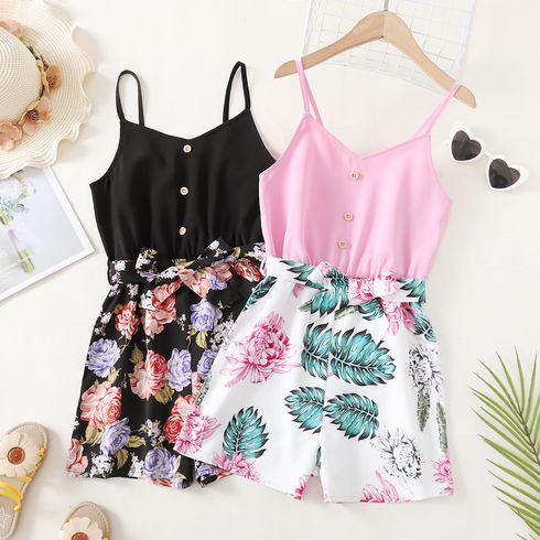 Kid Girl Floral Print Button Design Splice Belted Cami Rompers Jumpsuits Shorts