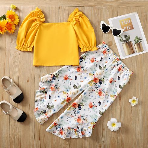 2pcs Kid Girl Ruffled Square Neck Short-sleeve Yellow Blouse and Floral Print Irregular Capri Pants Set