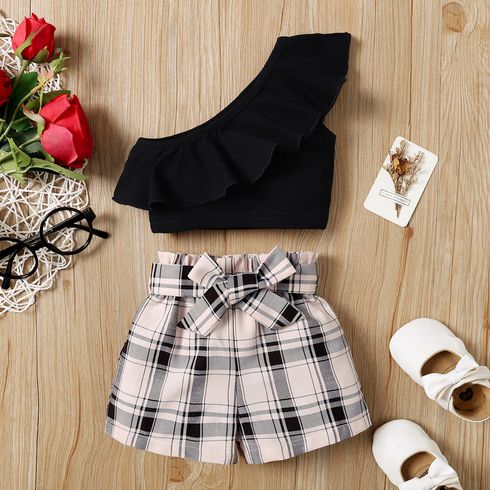 2pcs Baby Girl 100% Cotton Ruffle Trim One Shoulder Crop Top and Belted Plaid Shorts Set