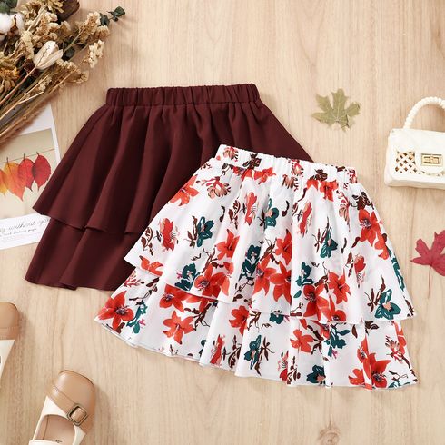 Kid Girl Layered Floral Print/Brown Elasticized Skirt