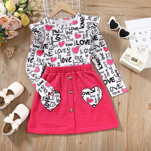 2pcs Kid Girl Letter Heart Print Long-sleeve Tee and Button Design Pink Skirt Set