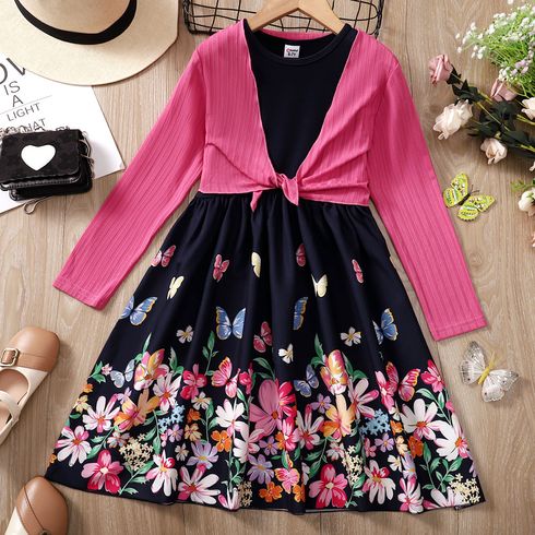 2pcs Kid Girl Floral Butterfly Print Long-sleeve Dress and Cardigan Set
