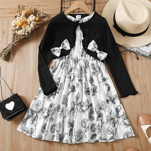 2pcs Kid Girl Floral Print Long-sleeve Dress and 3D Bowknot Design Cardigan Set