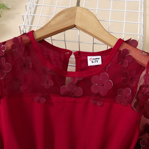 Kid Girl 3D Floral Design Mesh Sleeve Belted Dress Red big image 2