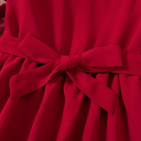 Kid Girl 3D Floral Design Mesh Sleeve Belted Dress Red big image 3