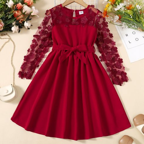 Kid Girl 3D Floral Design Mesh Sleeve Belted Dress Red big image 1