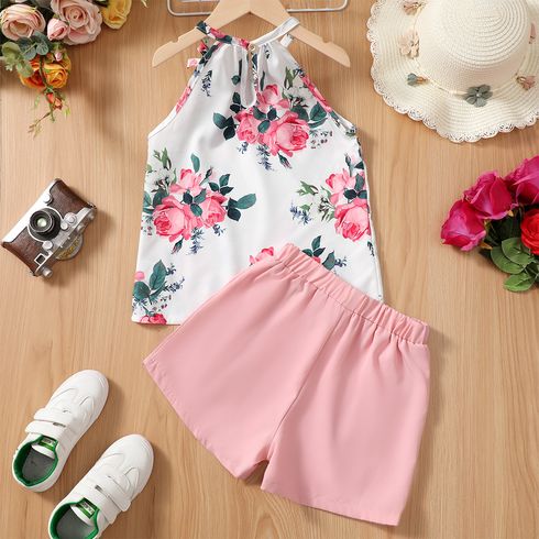 2pcs Kid Girl Floral Print Halter Tee and Button Design Elasticized Shorts Set Pink big image 6