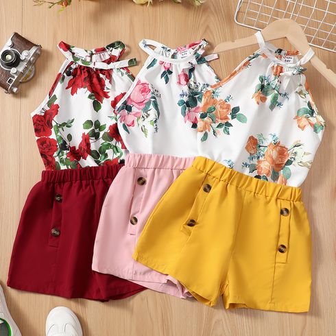 2pcs Kid Girl Floral Print Halter Tee and Button Design Elasticized Shorts Set Pink big image 7
