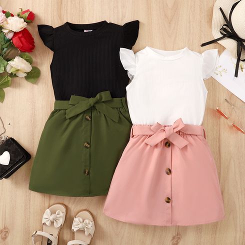 2pcs Kid Girl Flutter-sleeve Ribbed Tee and Button Design Belted Skirt Set