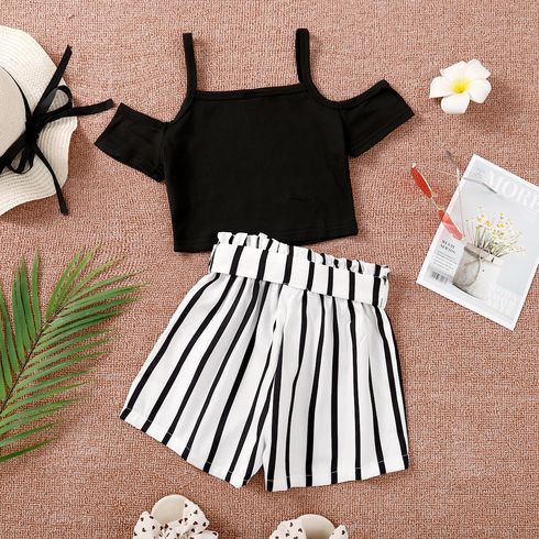 2Pcs Kid Girl Cold Shoulder Camisole & Belted Stripe Shorts Set Black big image 3