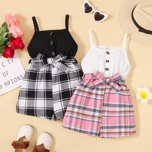 Kid Girl Button Design Plaid Splice Belted Slip Rompers