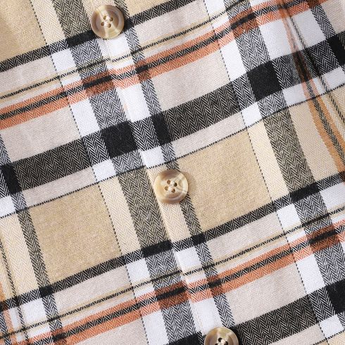 Kid Girl Plaid Splice Button Design Belted Irregular Hem Short-sleeve Dress Khaki big image 4