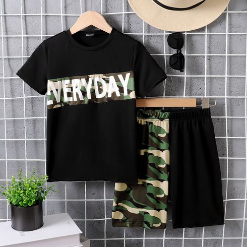 2pcs Kid Boy Letters Print Camouflage Short-sleeve Tee and Shorts Set