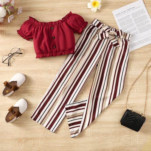 2pcs Kid Girl Ruffle Buttons Front Solid Top and Belted Stripe Pants Set