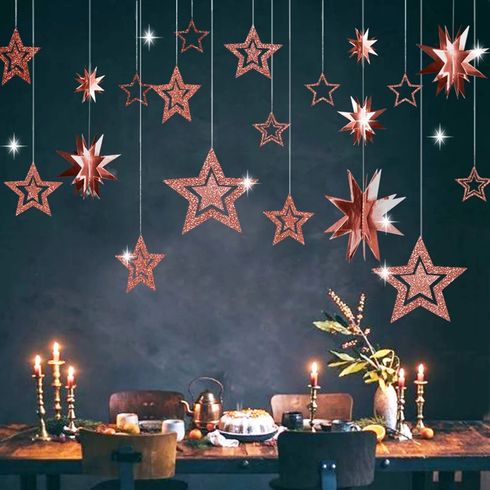 7-pack Glitter Hollow Stars Paper Garland Bunting Hanging Decor Banner Backdrop Decoration for Mubarak Eid Festival Party Decor