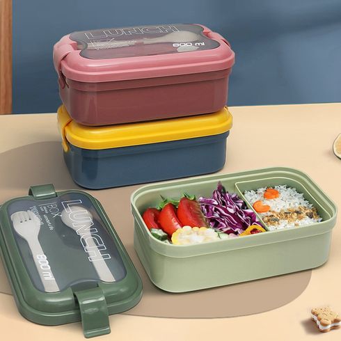 صندوق غداء بينتو مع ملعقة وشوكة بلاستيكي قابل لإعادة الاستخدام مقسم لحفظ الطعام وصناديق تخزين وجبات الطعام للأطفال والكبار