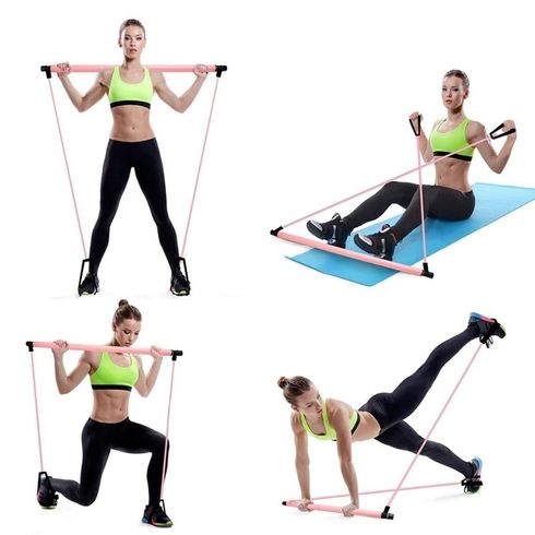 Pilates Bar Kit with Resistance Bands for Portable Home Gym Workout Full Body Shaping Pink big image 3