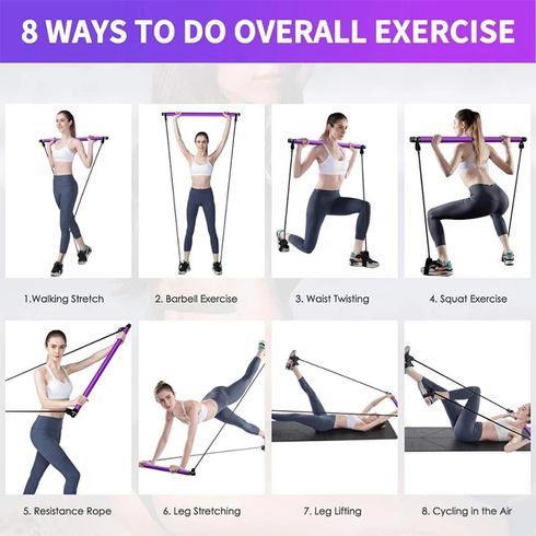 Pilates Bar Kit with Resistance Bands for Portable Home Gym Workout Full Body Shaping Pink big image 5