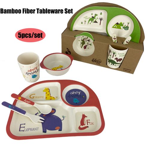 Conjunto de louça infantil de fibra de bambu 5 peças talheres de alimentação de desenhos animados inclui utensílios de prato e tigela e copo e garfo e colher