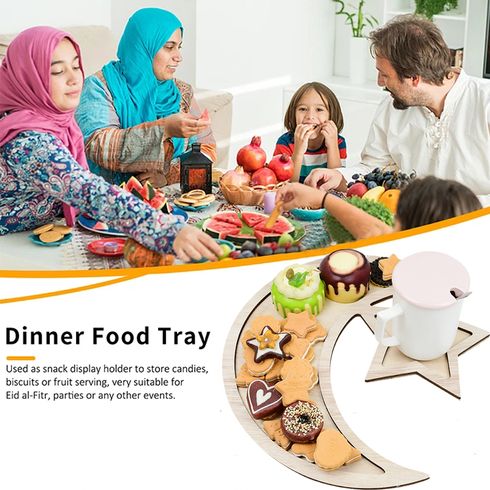 Ramadan Wood Moon Star Tray Eid Mubarak Party Food Serving Tableware Tray Crescent Pastry Dessert Display Holder