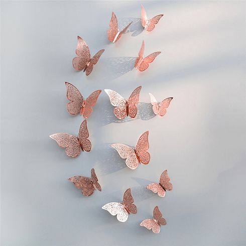 Confezione da 12 adesivi da parete con design a farfalla scavata 3D, decorazione per finestra del soggiorno, decorazione per la casa Rosa Dorato big image 1