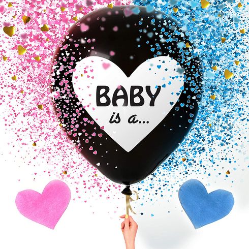 Sweet Baby Co. Jumbo 36 Inch Baby Gender Reveal Balloon, Big Black Balloons with Pink and Blue Heart Shape Confetti Packs for Boy or Girl, Baby Shower Gender Reveal Party Supplies Decoration Kit