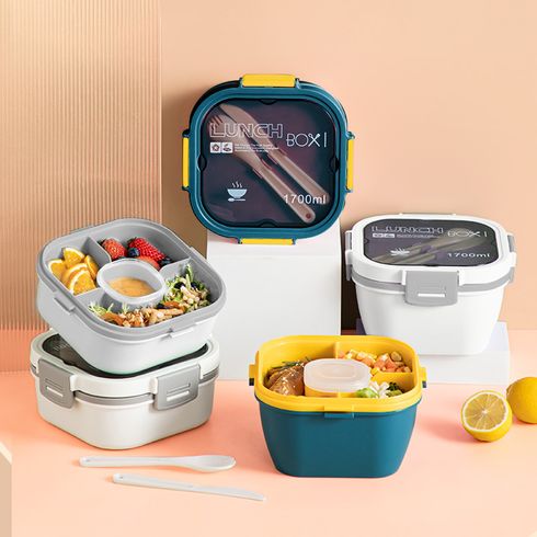 Leak Proof Salad Lunch Container 3 Compartment Bento-Style Tray, Sauce Container, Reusable Cutlery White big image 4