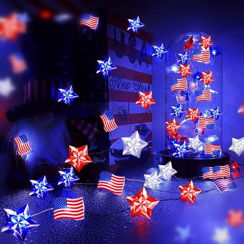 4th of July Decorations Lights 39.37inch 10 LEDs Red White Bule Stars and American Flag String Lights for Independence Day Decor Color-A big image 2