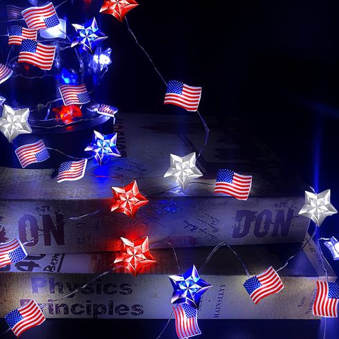 4th of July Decorations Lights 39.37inch 10 LEDs Red White Bule Stars and American Flag String Lights for Independence Day Decor Color-A big image 3