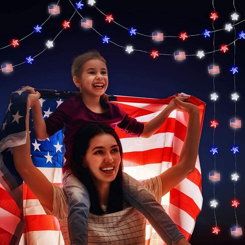 4th of July Decorations Lights 39.37inch 10 LEDs Red White Bule Stars and American Flag String Lights for Independence Day Decor Color-A big image 4