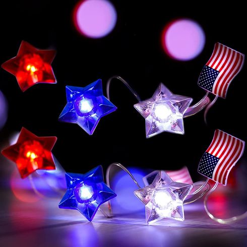 4th of July Decorations Lights 39.37inch 10 LEDs Red White Bule Stars and American Flag String Lights for Independence Day Decor Color-A big image 5