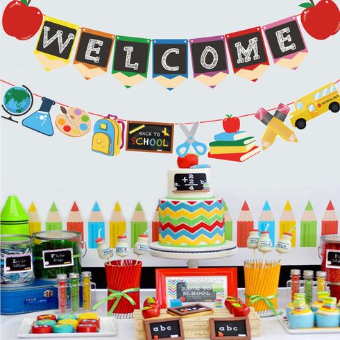 2-pack Welcome Banner Back to School Banner Welcome Party Decorations Wall Hanging Garland Starting School Pull Flag Banner for Classroom Office