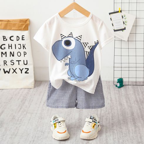 2pcs Toddler Boy Playful Dinosaur Print Tee & Stripe Shorts Set