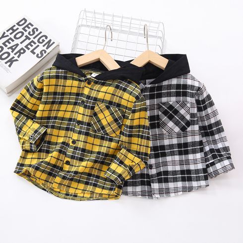Toddler Boy Button Design Hooded Long-sleeve Plaid Shirt