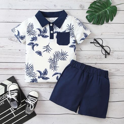 2pcs Baby Boy All Over Plant Print Short-sleeve Contrast Collar Polo Shirt and Solid Shorts Set