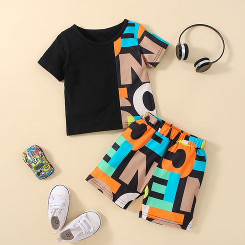 2pcs Toddler Boy Trendy Letter Print Colorblock Tee and Shorts Set