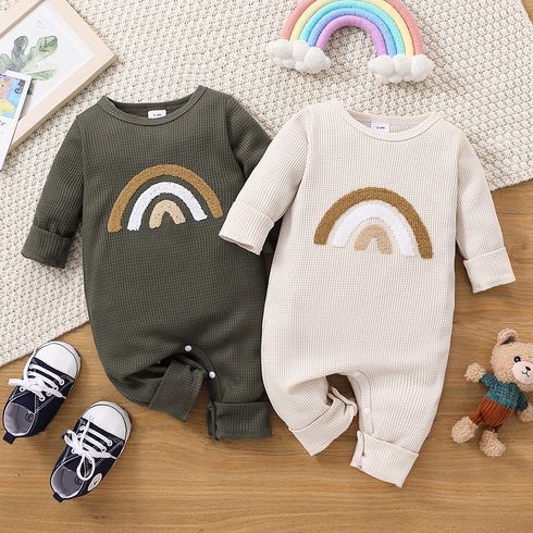 Baby Boy Rainbow Embroidered Long-sleeve Waffle Jumpsuit