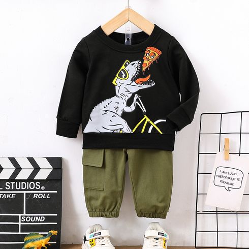 100% Cotton 2pcs Baby Boy Long-sleeve Dinosaur Print Sweatshirt and Cargo Pants Set