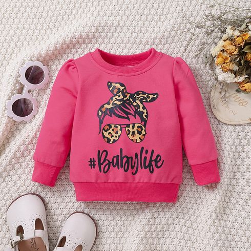 100% Cotton Baby Girl Leopard Figure & Letter Print Puff-sleeve Sweatshirt
