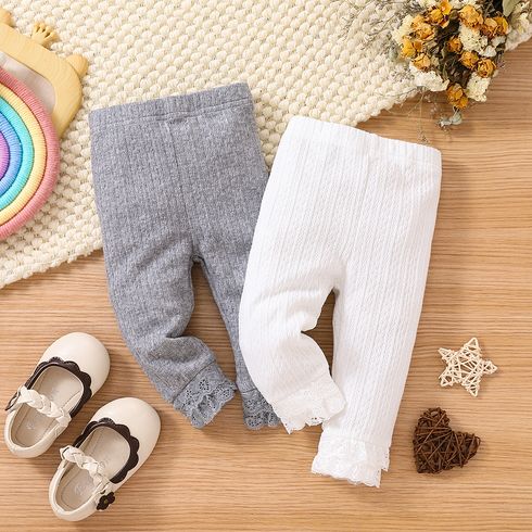 Baby Girl Solid Lace Spliced Rib Knit High Waist Leggings