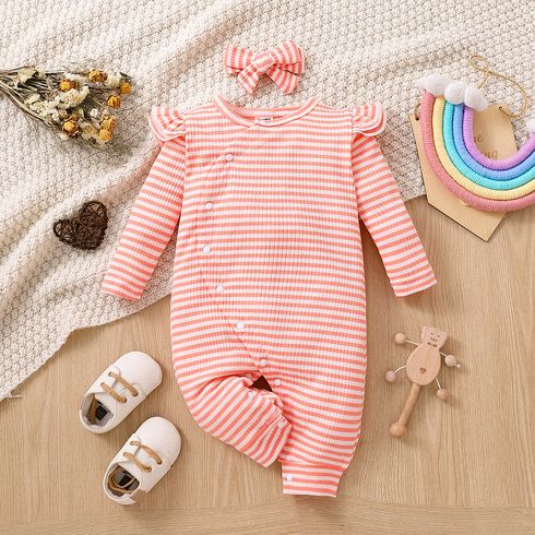 2pcs Baby Girl Pinstriped Ribbed Ruffle Long-sleeve Button Jumpsuit & Headband Set