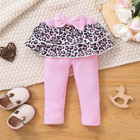 Baby Girl Layered Leopard Print Ruffle Trim Spliced Rib Knit Bow Front Leggings Pink big image 1