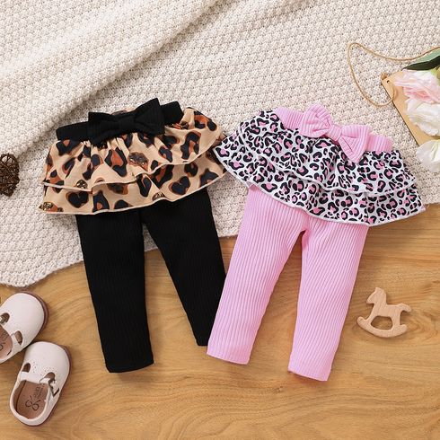 Baby Girl Layered Leopard Print Ruffle Trim Spliced Rib Knit Bow Front Leggings