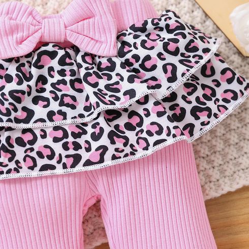 Baby Girl Layered Leopard Print Ruffle Trim Spliced Rib Knit Bow Front Leggings Pink big image 5